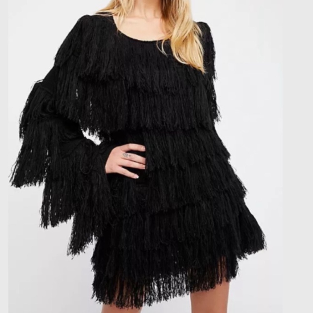 Free People Bali Swing Of Things - Fringe Shag - Black Sweater‎ Dress Sz Medium